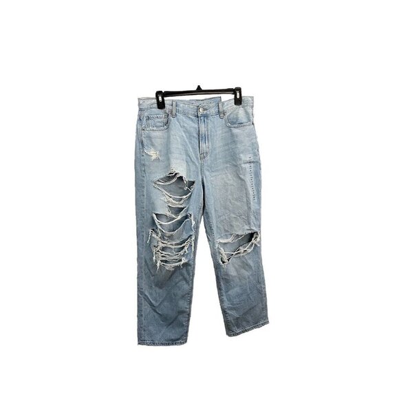 American Eagle Mom Straight Jean Blue Daylight Size 10 /30W Distressed Legs - Picture 1 of 16